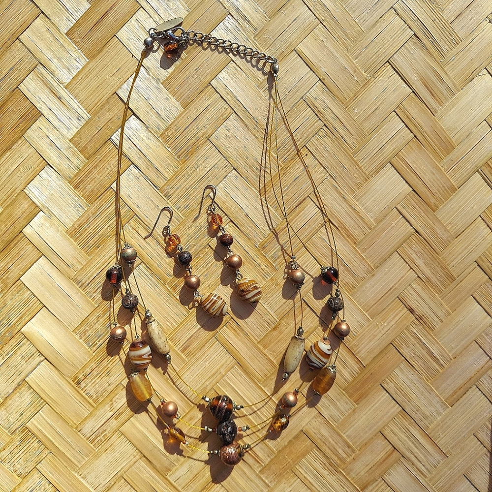 Earth Toned multi-strand beaded necklace with matching earrings